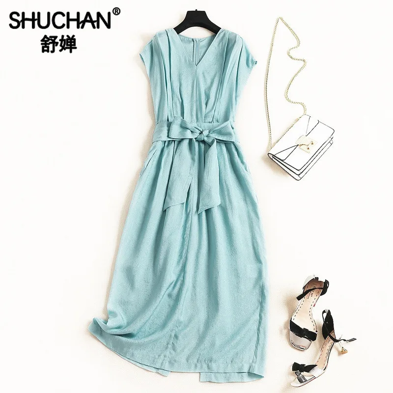 

Shuchan Designer Women Dresses 2019 High Quality V-Neck Office Lady Straight Solid Sashes Ankle-Length Long Dresses 51311