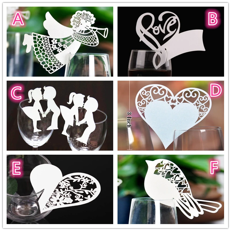 50 Pcs Bird Angle Heart Shape Wine Glass Card Laser Cut Escort Cup Name Place Card Birthday Party Wedding Decorations for home