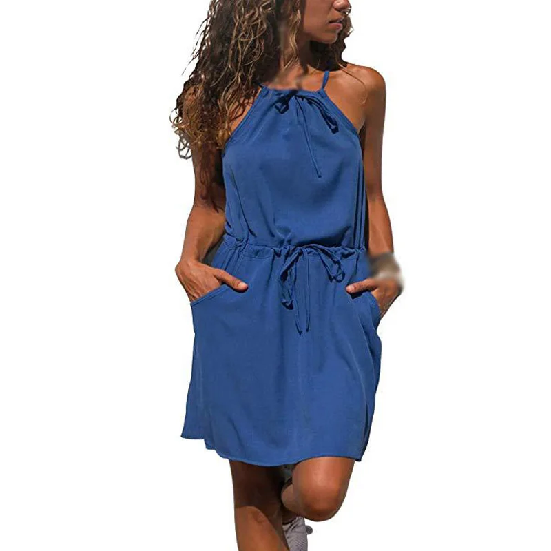 

Halter Dress Summer Women's Loose Casual Beach Mini Solid Sexy Sleeveless Hanging Neck Waist Defined Sea Holiday Dress