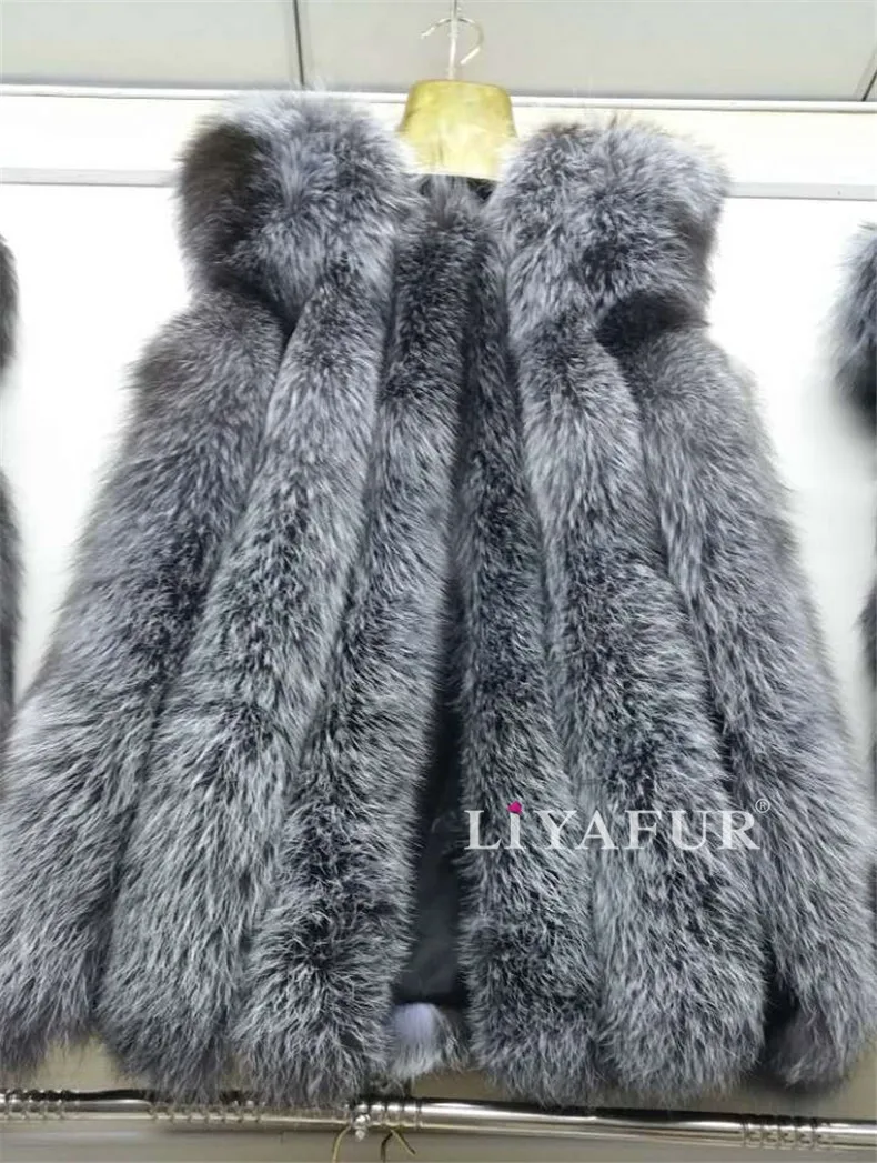 LIYAFUR Women's Real Genuine Full Pelt Silver Fox Fur Long Sleeveless Vest Waistcoat Gilet for Women