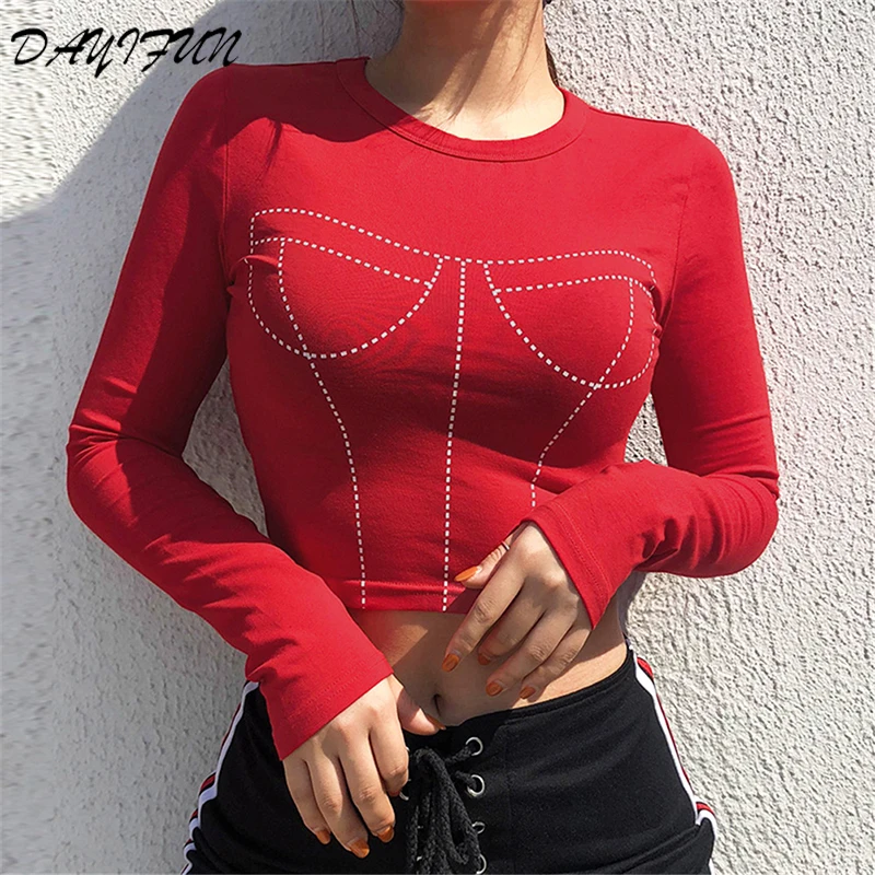 

DAYIFUN 2019 New Woman Printed Long Sleeve T Shirts Navel Bare Black Tops Tees Slim Fit Mujer O Neck Clothing T-Shirt T3965W12