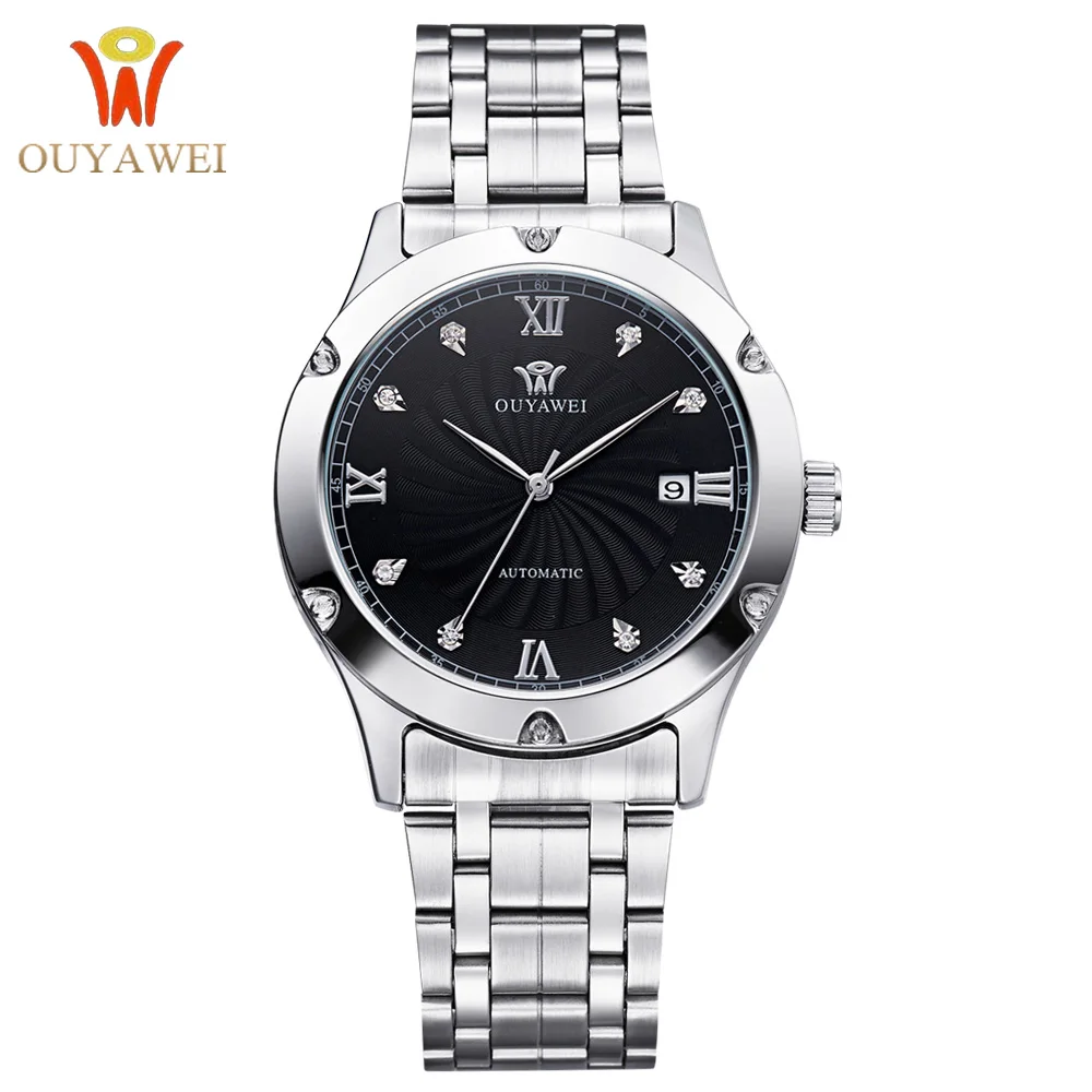 

OUYAWEI Fashion Business Mechanical Watches Men Stainless Steel Wristwatch Black Mens Watches Clock for male Relogio Masculino