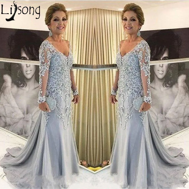 2018 Mother Of The Bride Dresses V Neck Sheer Long Sleeves Mermaid Lace Appliques Beads Sweep Train Long Plus Size Party Evening Gowns145