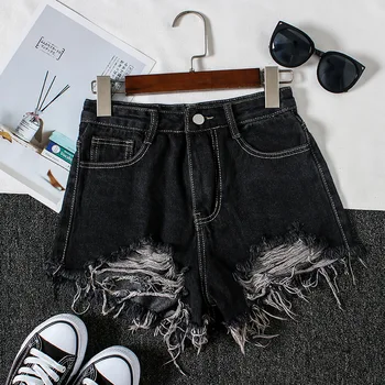 

2019 Summer Womens Ripped Hole Slim High Waist Denim Shorts Female New Raw Edge Black Jeans Wild Fashion Mini Cowboy Shorts D351