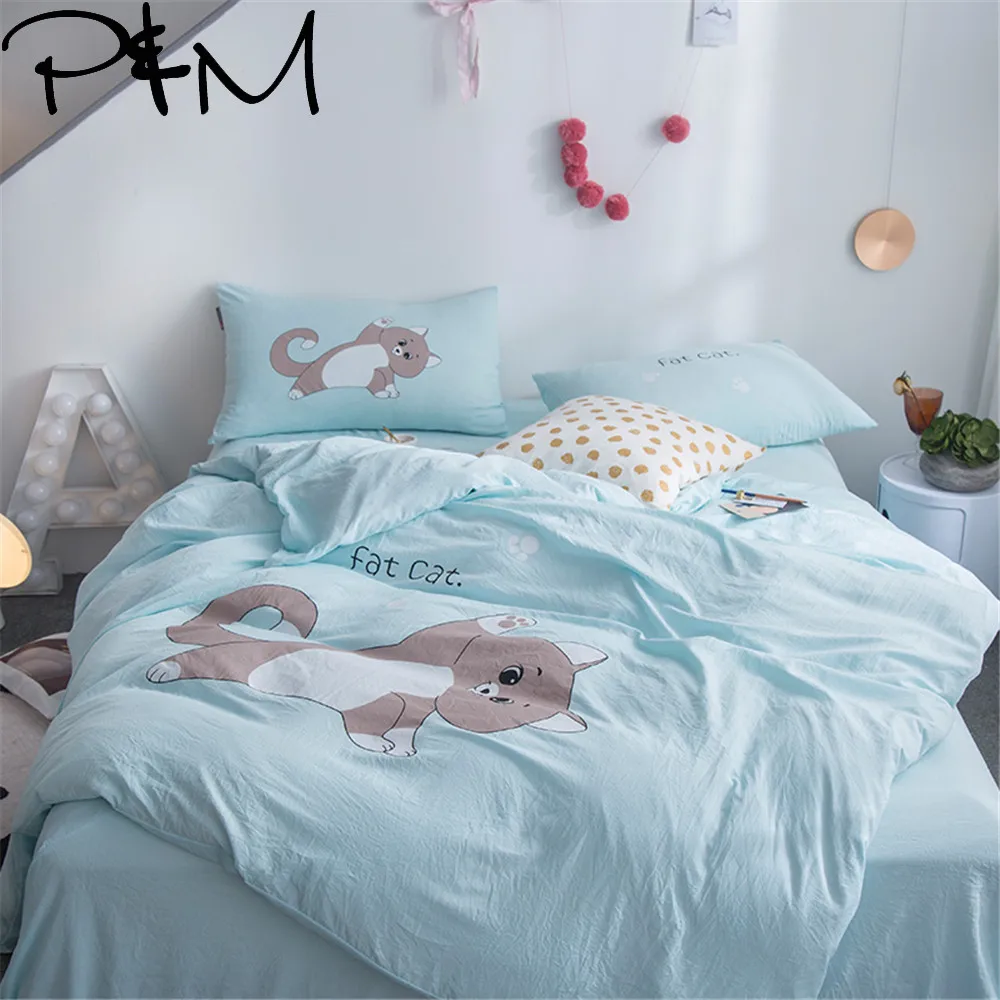 

Papa&Mima Fat cat print Cartoon style bedding set Queen King size flat sheet pillowcases duvet cover sets dropshipping bedlinens