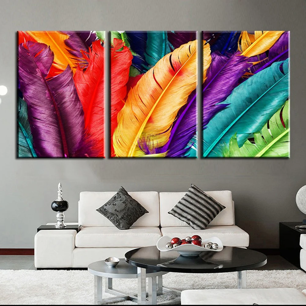 3 Pieces Colorful Feathers Canvas Painting Wall Art Pictures No Frame