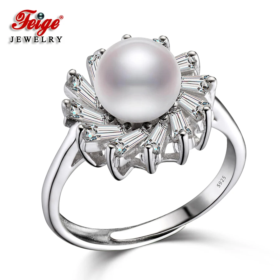 

FEIGE Trendy style 7-8mm White Freshwater Pearl Wedding Ring Genuine 925 Sterling Silver Rings for Women Bride Accessories