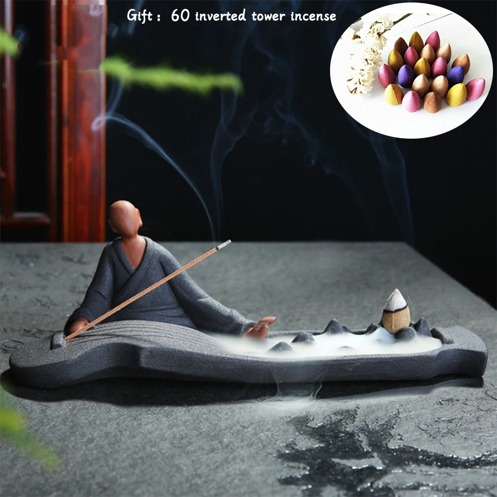 

Backflow Incense Burner Home Decor Ceramic Smoke Backflow Incense Stick Holder Censer Plus 60Pcs Incense Cones A