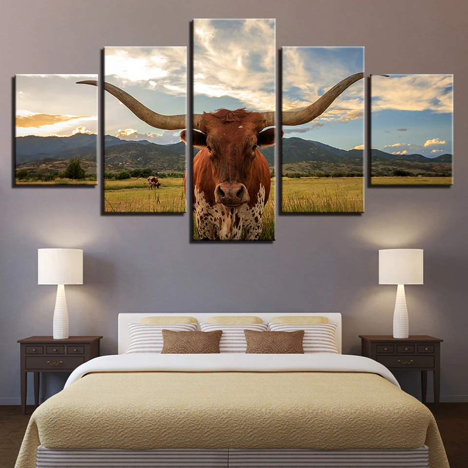 Canvas Wall Art Pictures 5 Pieces Long Horned Cattle Paintings Home Decor For Living Room HD Canvas Wall Art Pictures 5 Pieces Long Horned Cattle Paintings Home Decor For Living Room HD