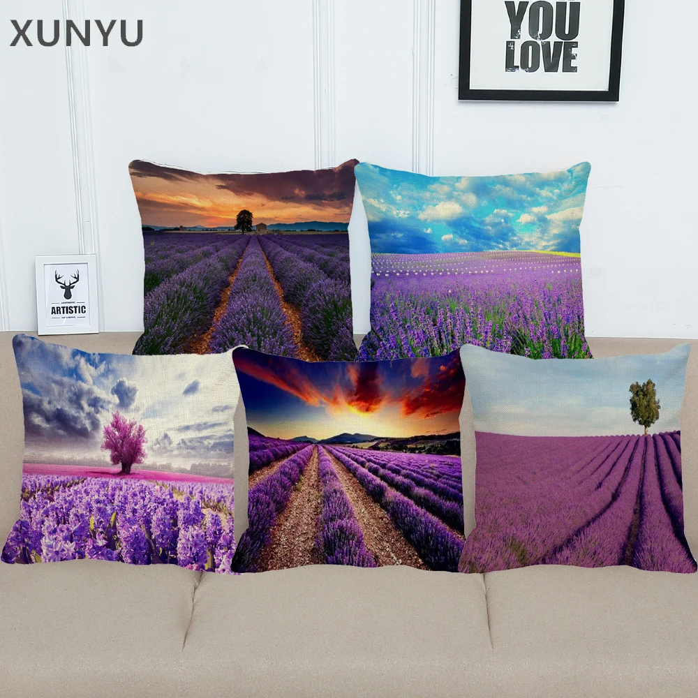 

XUNYU Lavender Patterns Cushion Cover European Style Linen Pillow Case Home Sofa Decorative Square Throw Pillow Cover BZ157