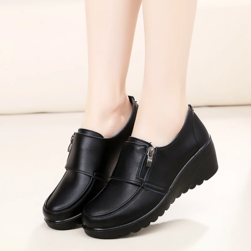Spring Autumn Women's fashion Pumps shoes woman genuine leather wedge single casual shoes mother high heels