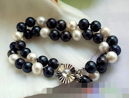 

01258 2ROW 8"WHITE BLACK ROUND FRESHWATER PEARL BRACELE