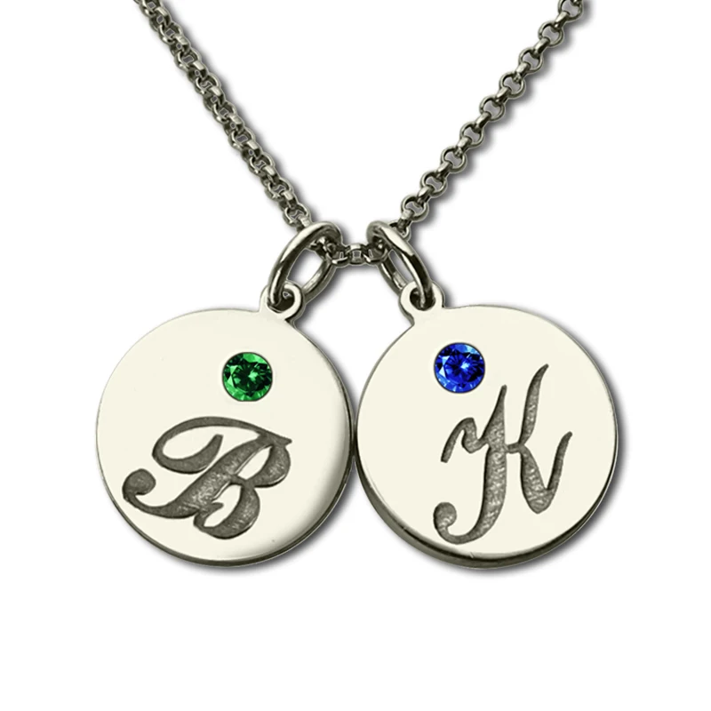 Personalized Initial Disc Necklace with Birthstone Silver Engraved Kids Name Necklace Remind Moms Children Nameplate Jewelry