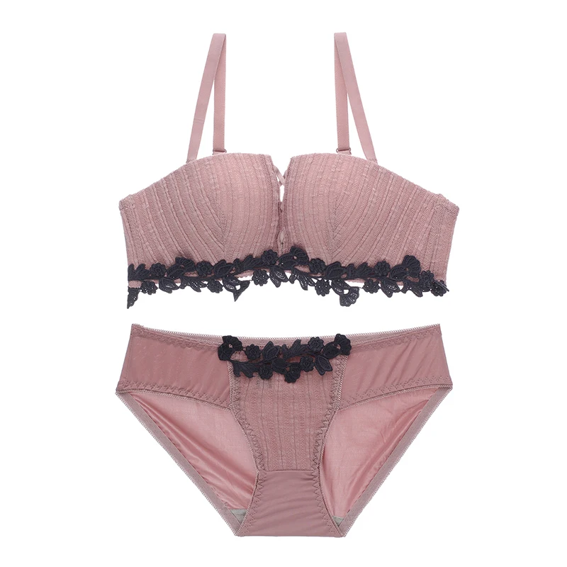 Sexy Bra And Panties Set Sexy Women Lingerie Set Brassiere Thick Embroidery Underwear Lace Bras For Small Breast AB Cup Pink Red