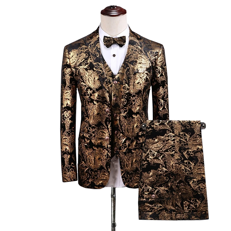 

Gold & Blue Men Blazer jacket & Pants & Vest Slim Design Men Dress Three-Piece set Asian Size S - 5XL mens suits