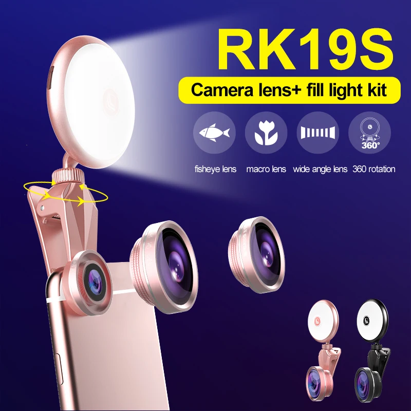 

RK19S LED Selfie Flash Light Fill Light Warm&Cold Bulbs With Wide Angles Fisheye Marcro Lens 360 Rotation For iPhone X/8 Phones