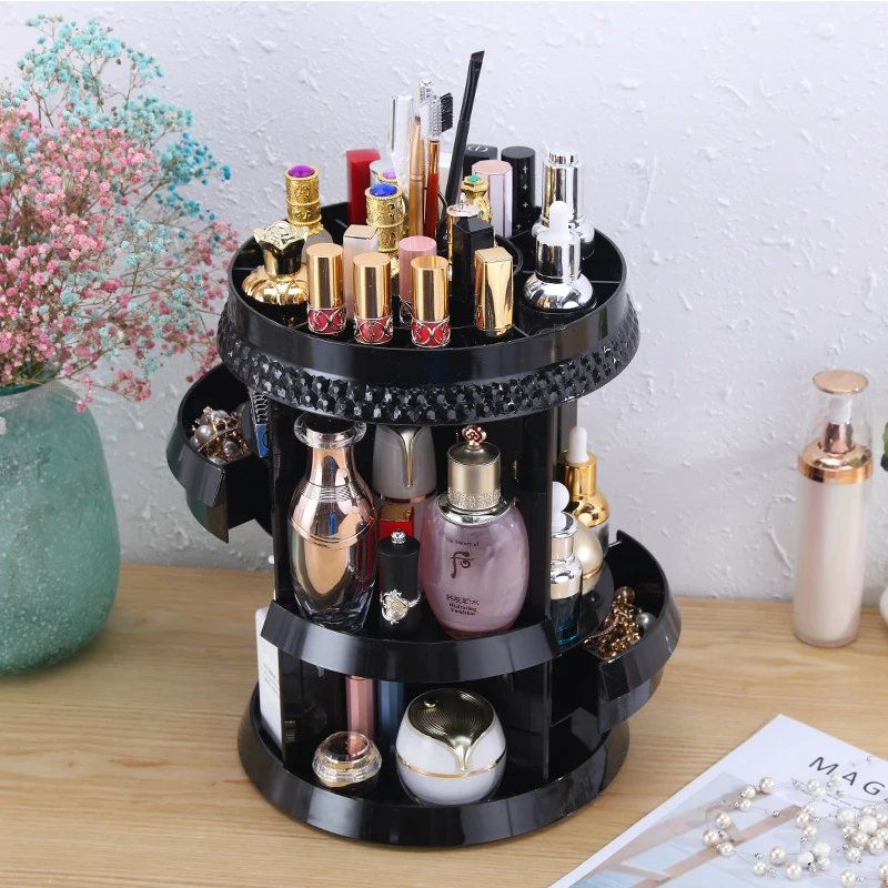 Round Rotating  Makeup Organizer Storage Box Adjustable Plastic Cosmetic Brushes Lipstick Holder Make Up Jewelry Container Stand
