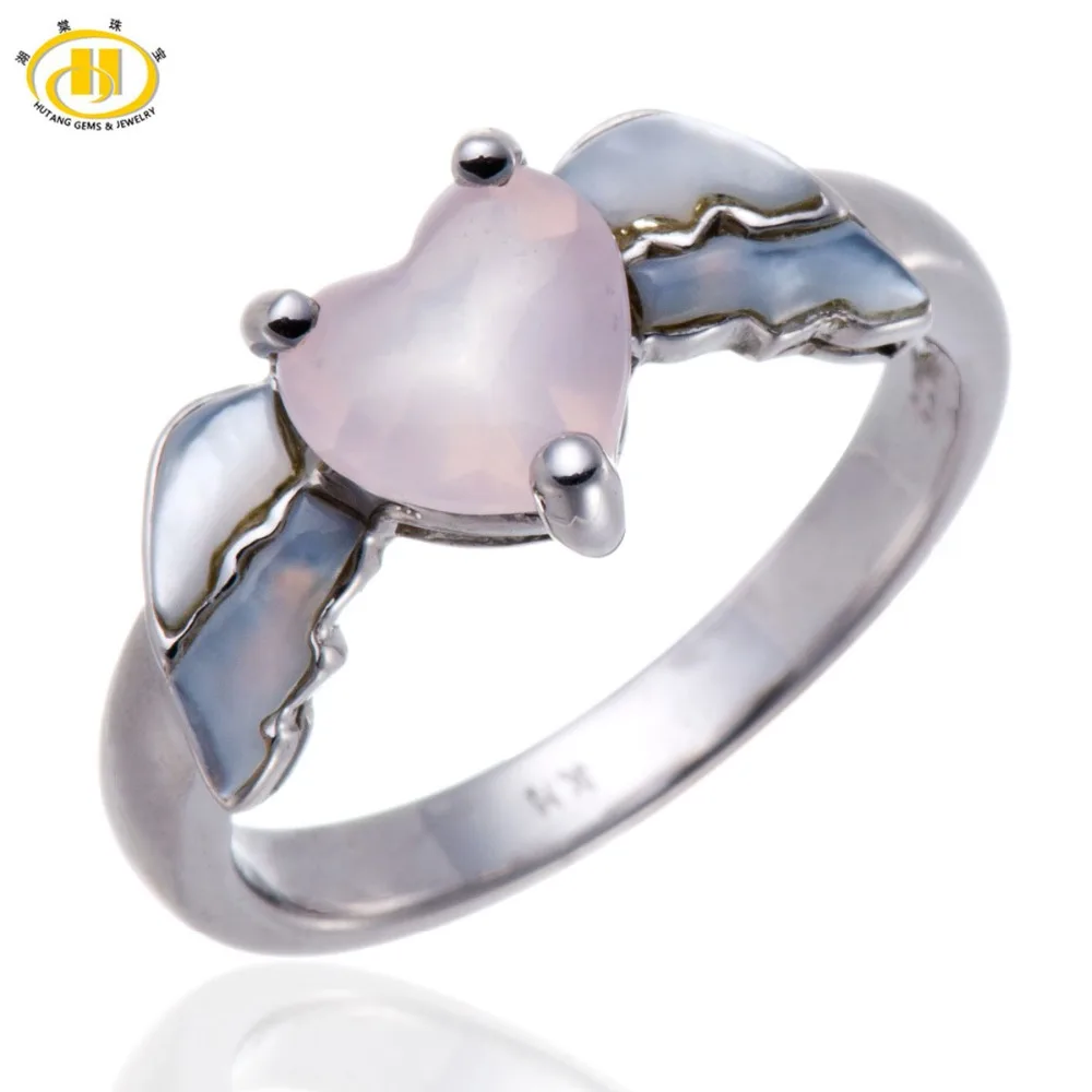 

Hutang Stone Jewelry Natural Heart Rose Quartz & Mother of Pearl Solid 925 Sterling Silver Ring for Women Fine Fashion Jewelry