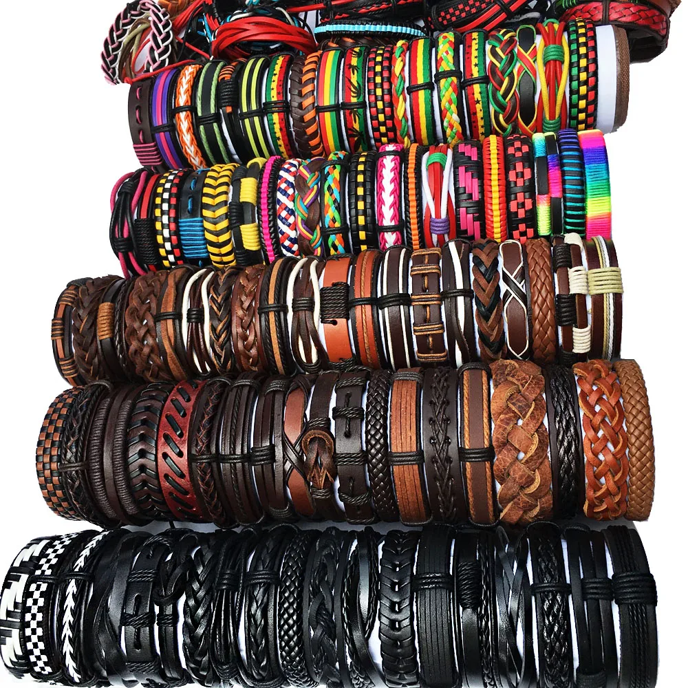 Наборов случайных 50 шт многоцветные смешанные стили плетеные Ethinc Племенные кожаные браслеты для мужчин и женщин MX16