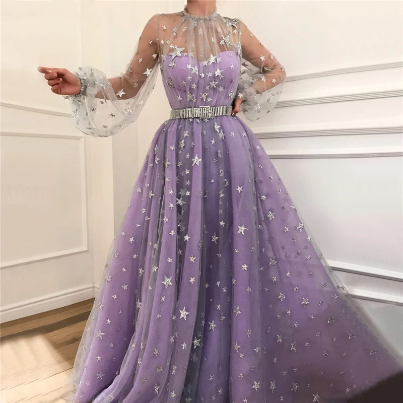 

Purple Perspective Sexy Sashes A-Line Evening Dresses 2019 Long Sleeves Tulle Evening Gowns Vintage New Designer Prom Dresses