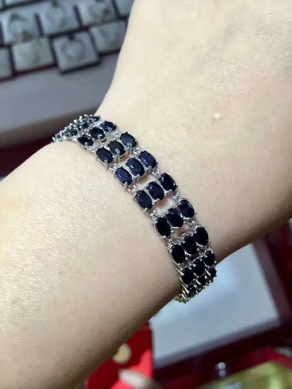 

Natural black blue sapphire Bracelet Natural gemstone Bracelet 925 silver bracelet luxurious big array women party Jewelery Gift