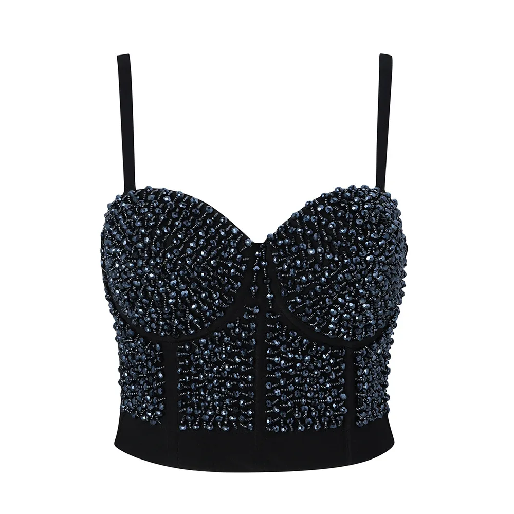 

Fashion Sexy Black Slip Beading Bandage Top HL Night Club Short Tops