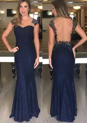 Мода Длинное Вечернее Платье 2017 Элегантный Русалка Спинки Рукава Vestido Де Суд Поезд Пром Платья Кружева Тюль Вечернее Платье