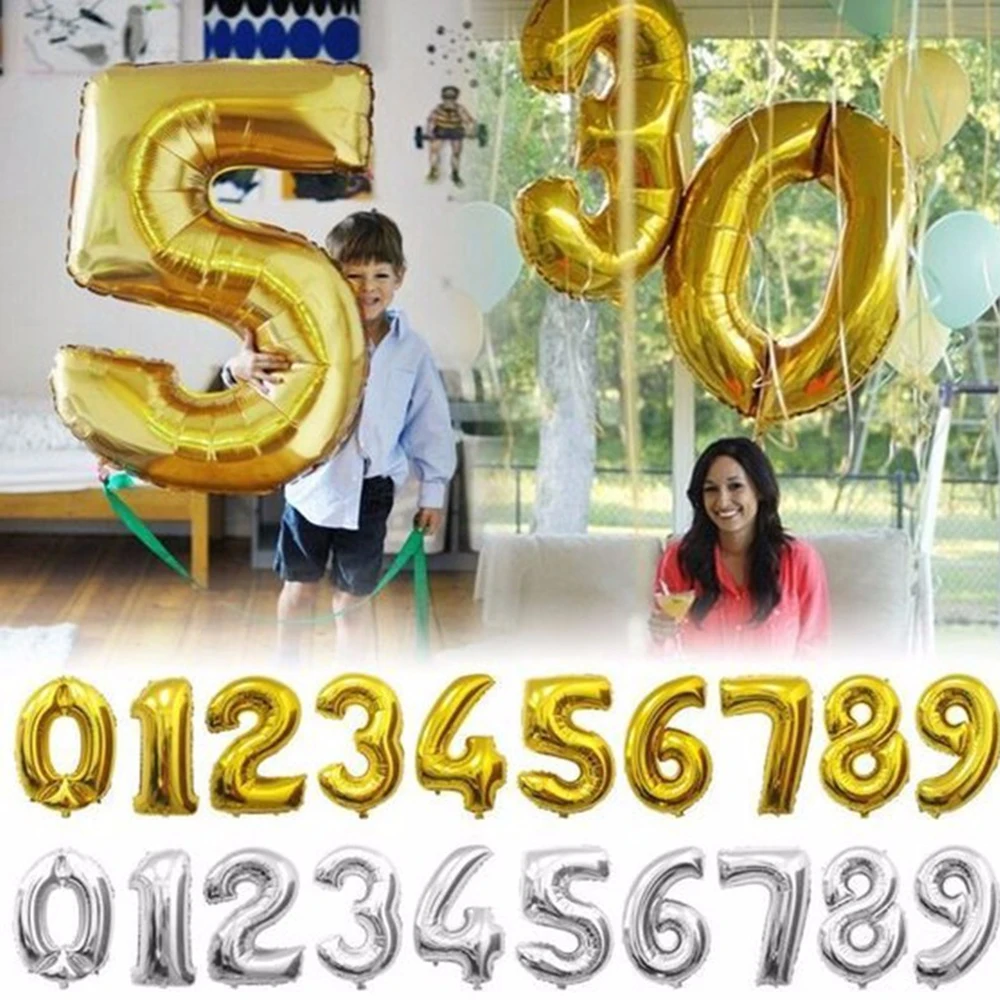 

Big 32inch Gold Silver Number Foil Balloons Digit Air Ballon Wedding Decoration Baby Boy Girl First Birthday Party Supplies