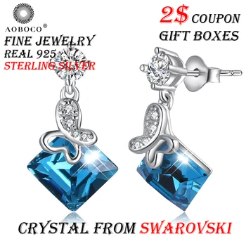 

AOBOCO Brand Sterling Silver Earrings Butterfly Hook Drop Dangle Earring Blue Crystals From Swarovski For Women Girl Gift Boxes