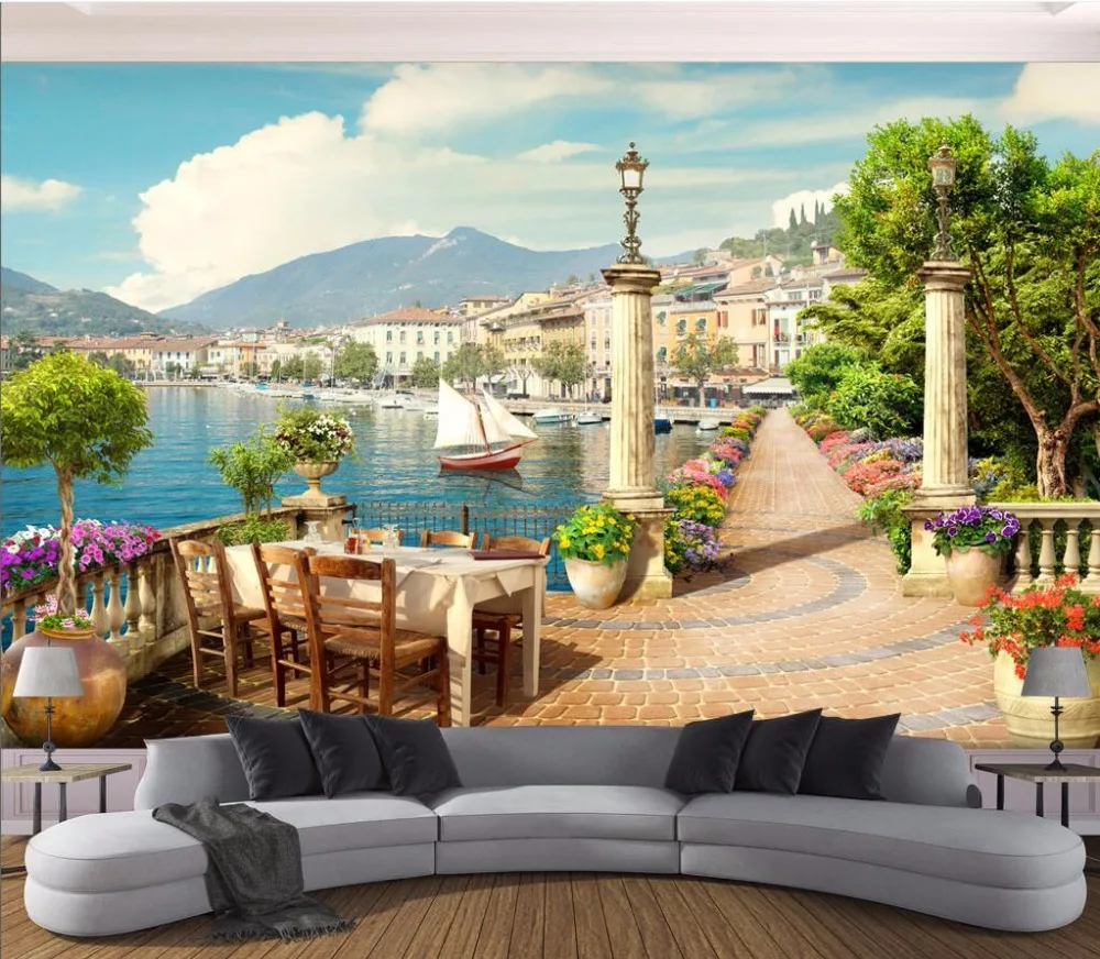 

3d wallpaper Custom photo mural Garden balcony town lake view picture room decor painting 3d wall mural wallpaper for walls 3 d