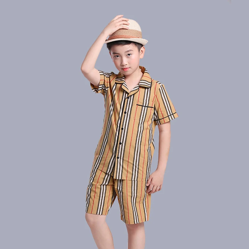 

HSSCZL Boys sets summer 2019 kids brand high quality short sleeve cotton single breasted stripe turn-down collar big boy 6-14Y