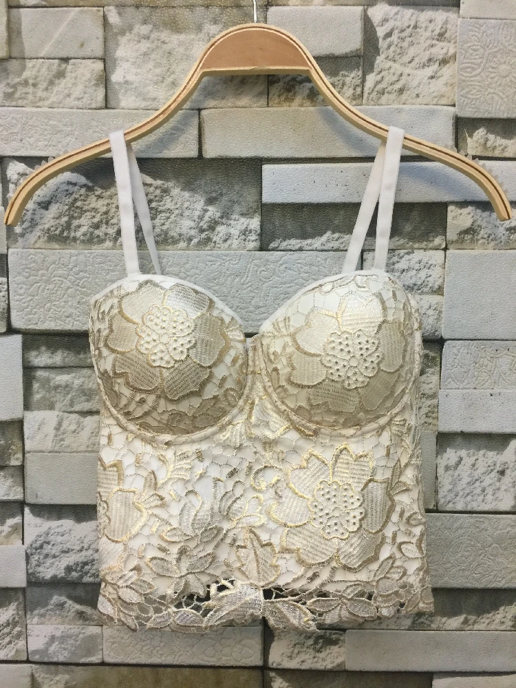 P265 New Gold Bronzing Embroidery Lace Push Up Women's Bustier Bralette Bra Cropped Tube Top