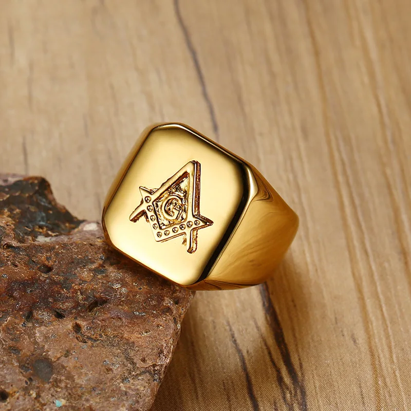 Vnox Gold Color Men's Masonic Compass Square Free Mason Ring High Polished Stainless Steel Big Male Ring Party Cool Jewelry