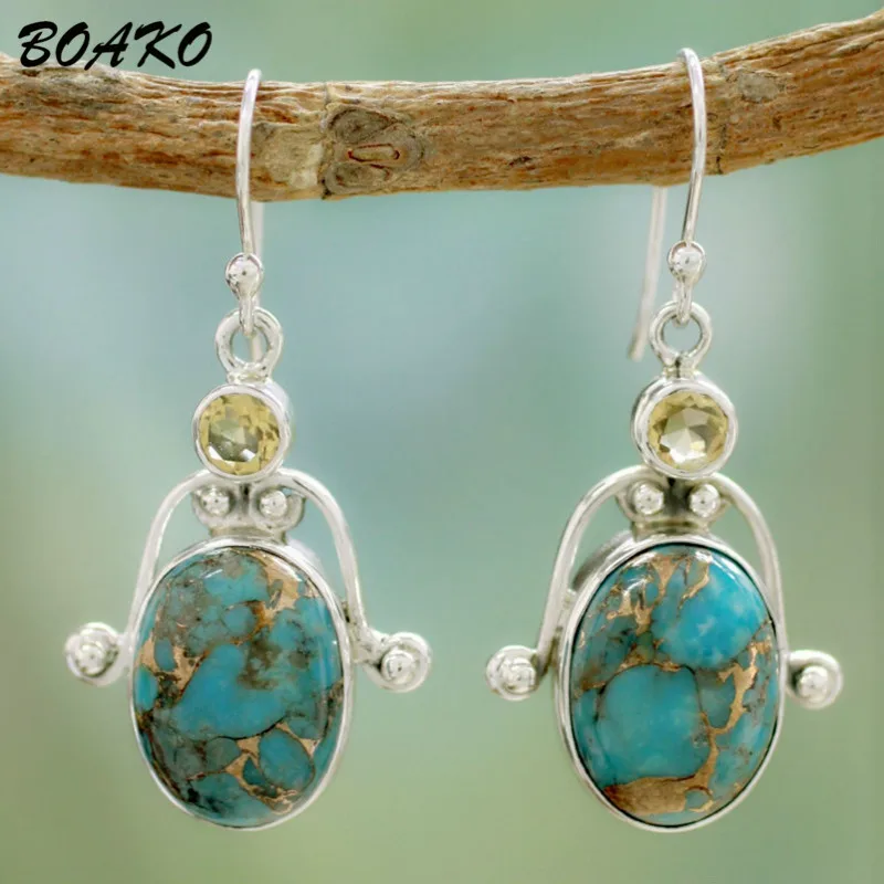 

BOAKO Vintage Women Earrings Personalized Ethnic Drop Earring Round Crystal Long Dangle Earring Boho Turquesa Jewelry brincos