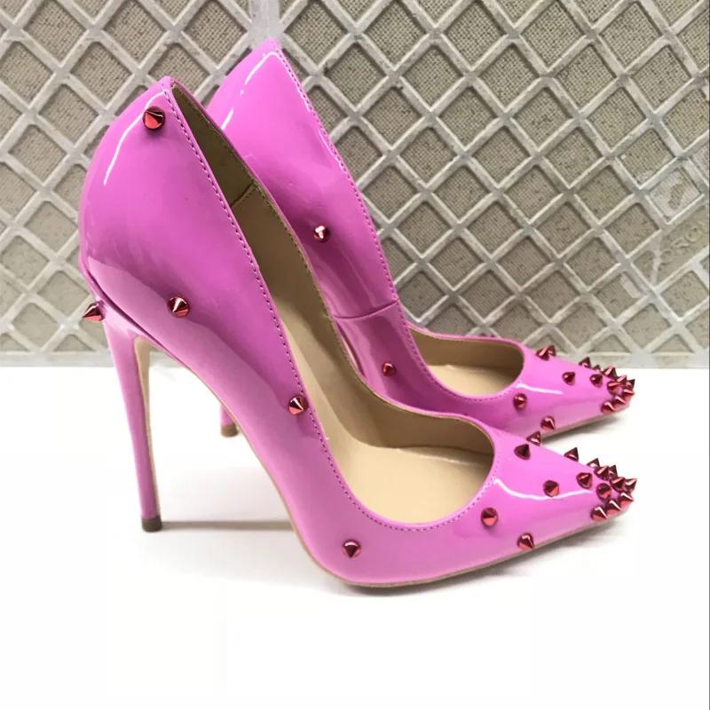 Stylesowner New Arrival Rivets Studded Pumps Rose Pink Thin Heel Sexy Wedding Shoe Pointy Toe Fashion Prom Party Shoes