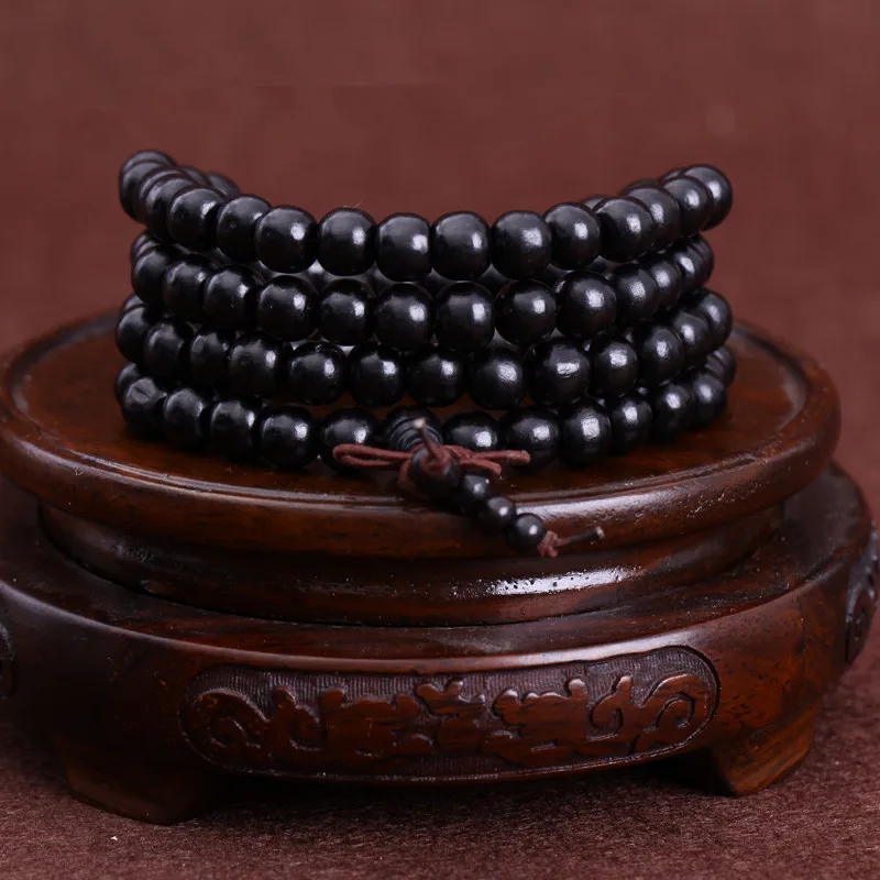 

108*0.8/0.6cm Black Wooden Prayer Beads Bracelet Men Mala Buddha Natural Ebony Wood Buddhist Rosary Bangle Jewelry