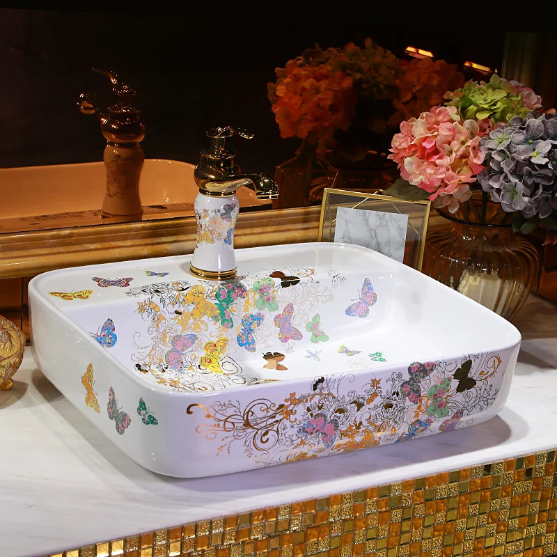 Porcelain bathroom vanity bathroom sink bowl countertop square Ceramic wash basin bathroom sink butterfly pattern Porcelain bathroom vanity bathroom sink bowl countertop square Ceramic wash basin bathroom sink butterfly pattern