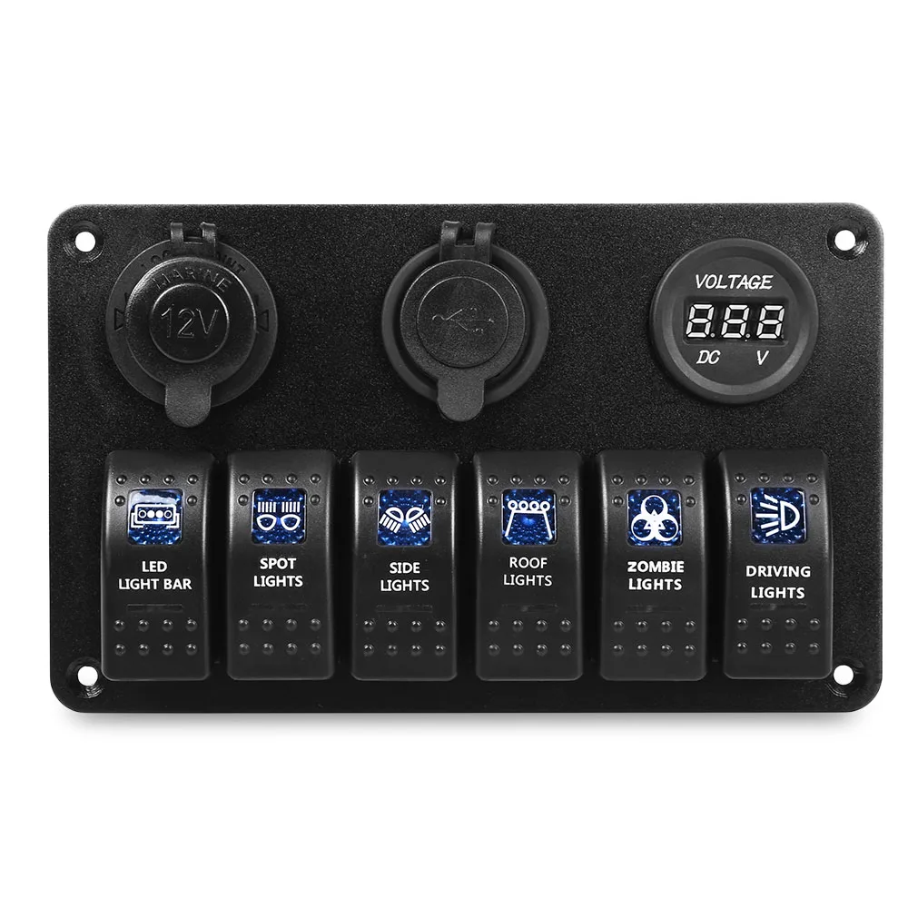 

New Arrival Vehicle 5 Pin Double LED Light Dual USB Charger 6 Bit Switch Voltmeter Composite Panel Water Resistance Cover