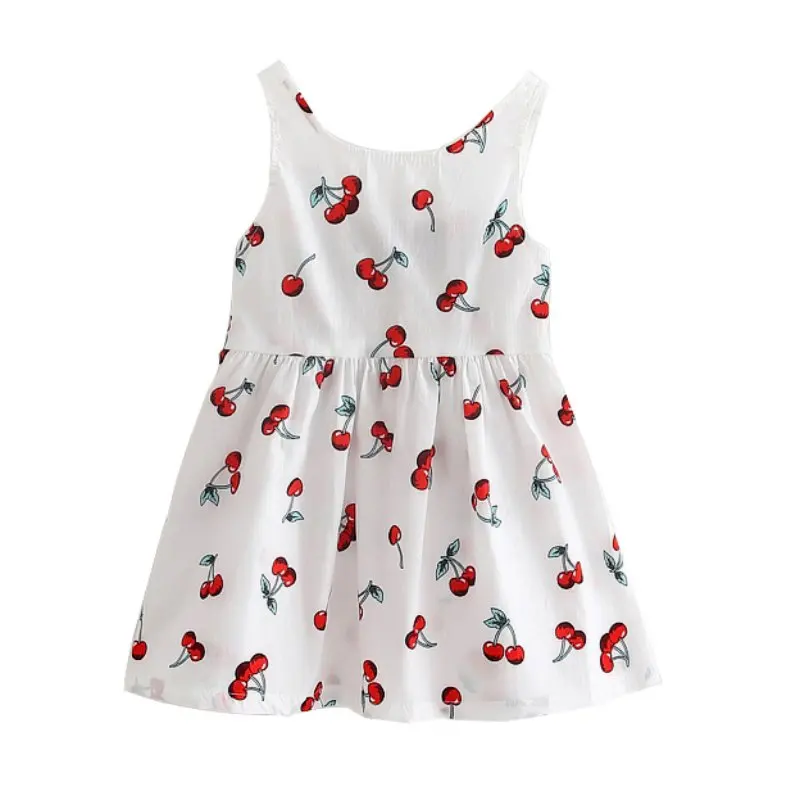 

Summer Baby Girls Dress Cotton Cherry Printed Soft Cotton Vest neck Princess Dresses For Girls