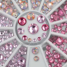 Разные размеры, блестящие розовые серии горячей фиксации, Круглые граненые алмазные Стразы для дизайна ногтей, украшения для маникюра, самодельные колеса