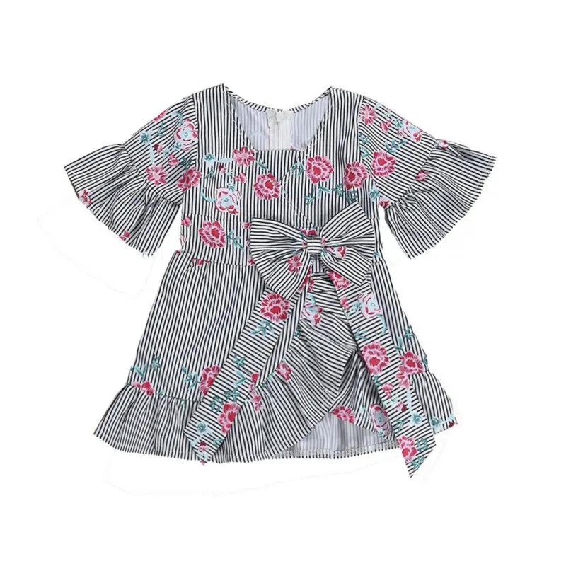 

2019 New Pudcoco Newborn Toddler Kid Baby Girl Summer Dress Stripe Flower Bow Short Sleeve Party Dress Casual Girl Outfits Hot