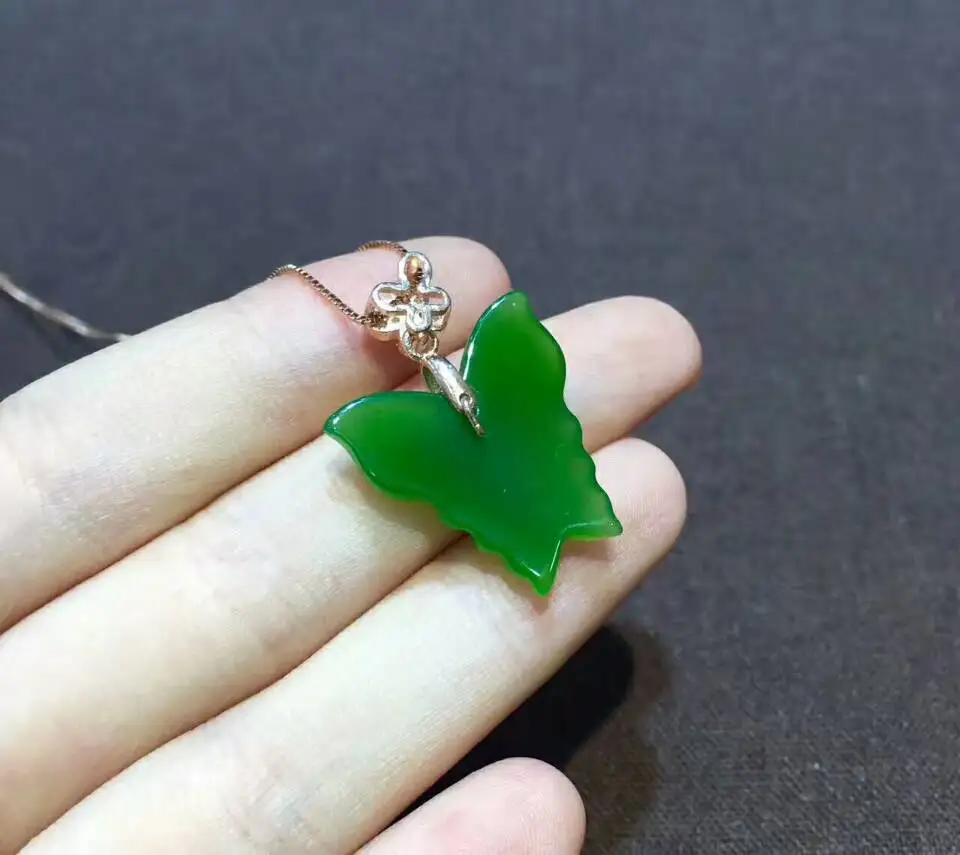 S925 серебро и Хотан Jade Jasper Ян Зеленая бабочка кулон