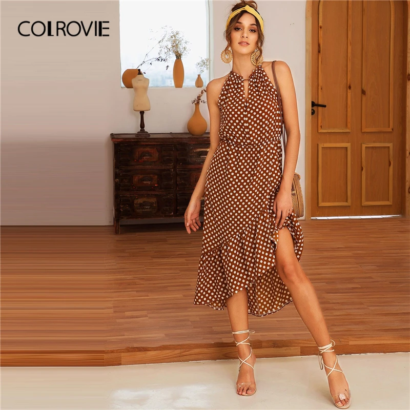 

COLROVIE Brown Keyhole Neckline Polka Dot Ruffle Trim Dress Women Boho Fit and Flare Dress 2019 Summer Holiday Long Dresses