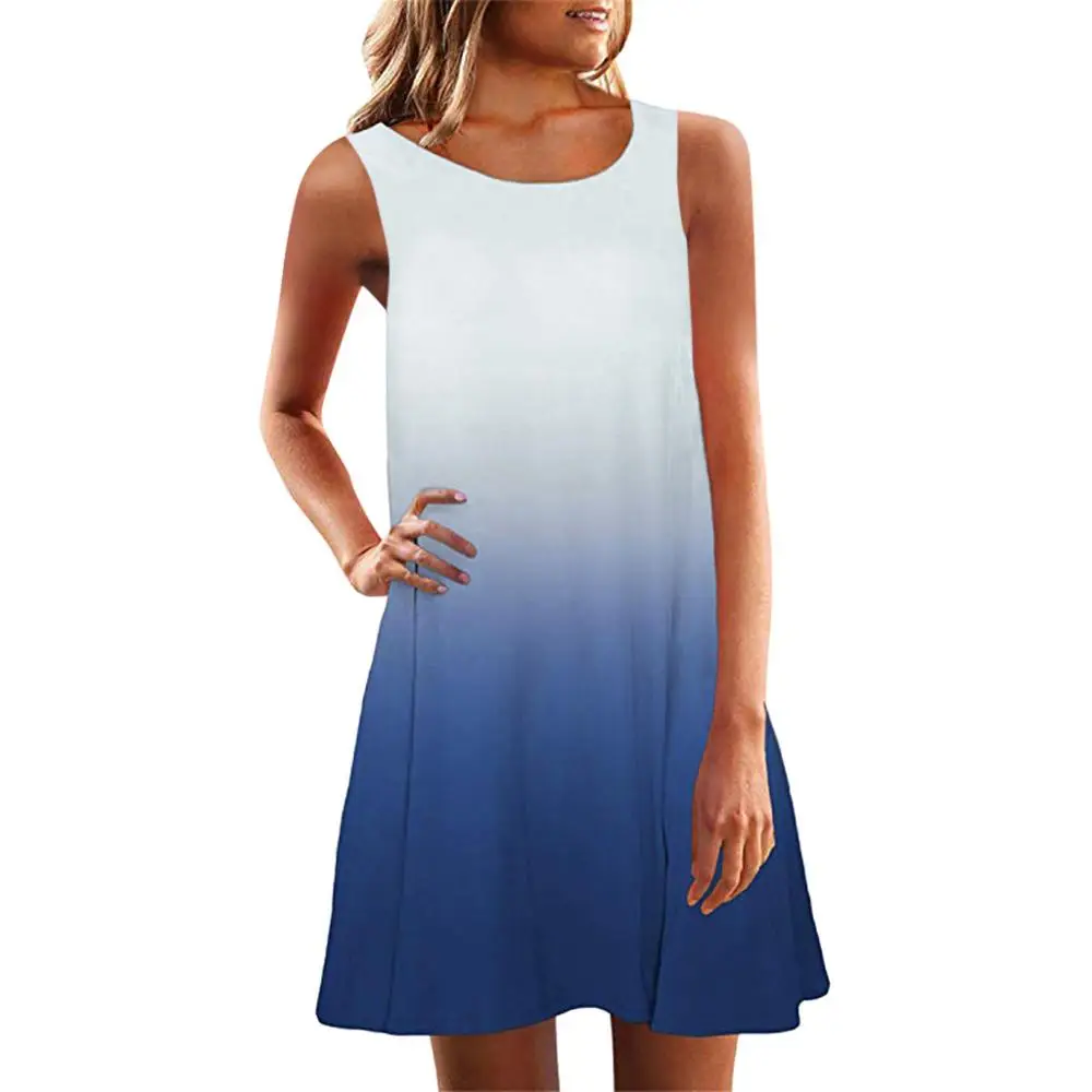

Women Sleeveless Crew Neck Casual Loose Fitting Gradient Dresses