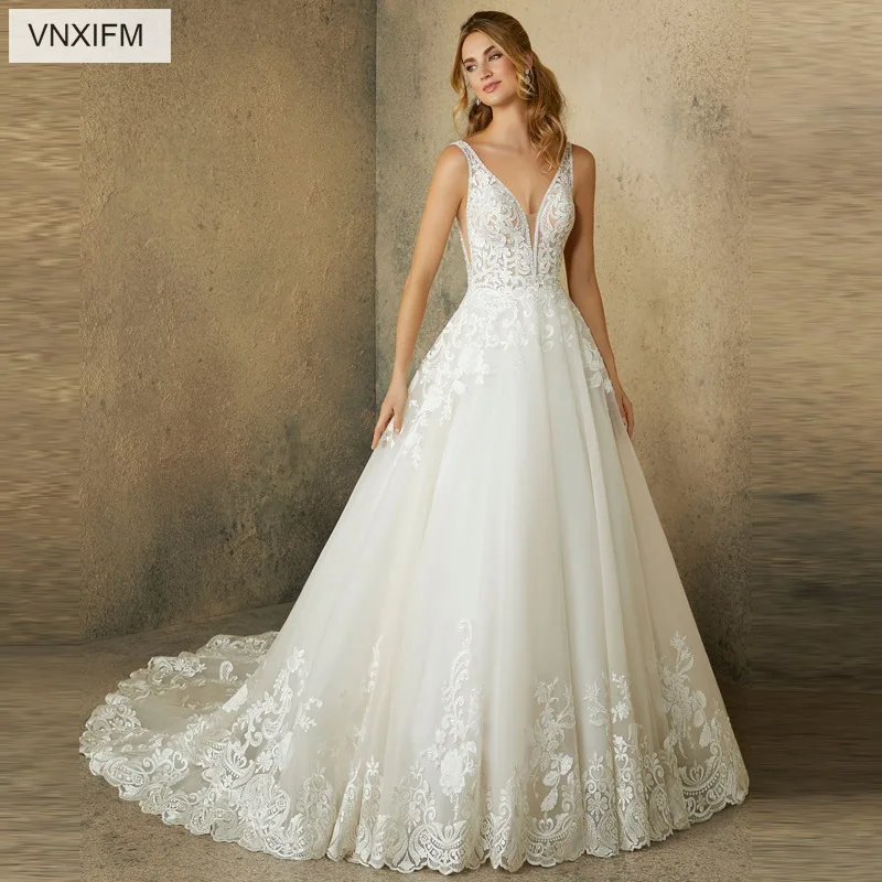 

VNXIFM 2019 Court Train robe de mariee Bandage vestido de noiva Wedding Dress V-Neck Backless lace Appliques Wedding Gowns