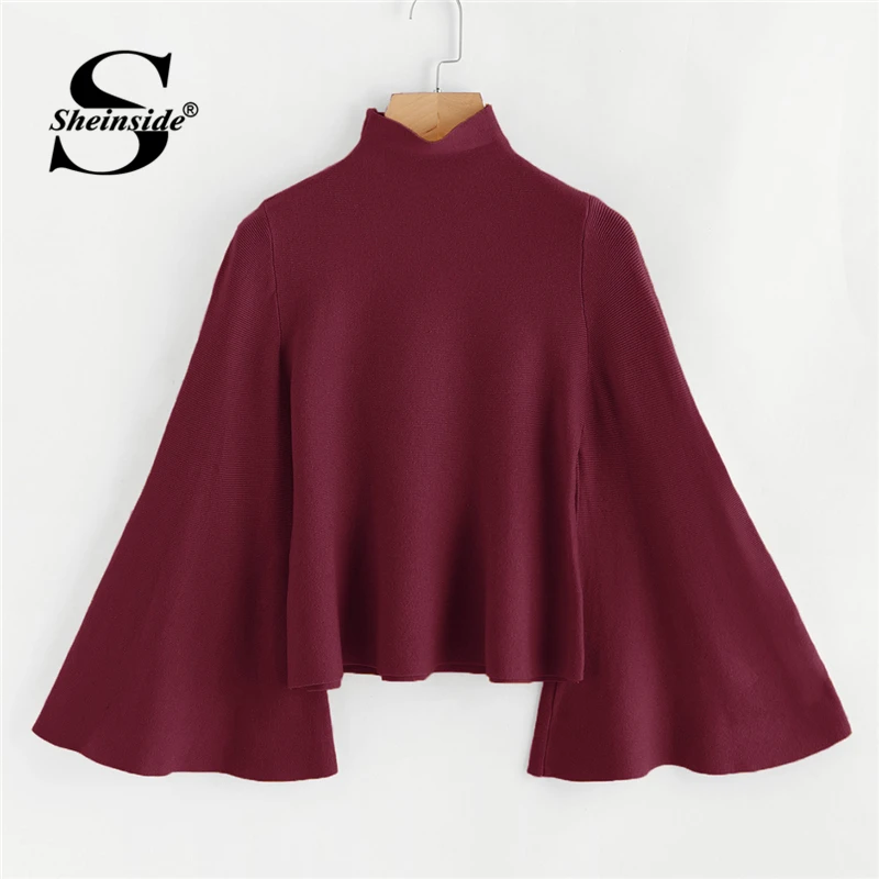 Sheinside Ginger Burgundy Pink 3 Color Women Sweater Stand Collar Bell Sleeve Solid Jumper 2018 Autumn Elegant Knitted Sweaters Sheinside Ginger Burgundy Pink 3 Color Women Sweater Stand Collar Bell Sleeve Solid Jumper 2018 Autumn Elegant Knitted Sweaters