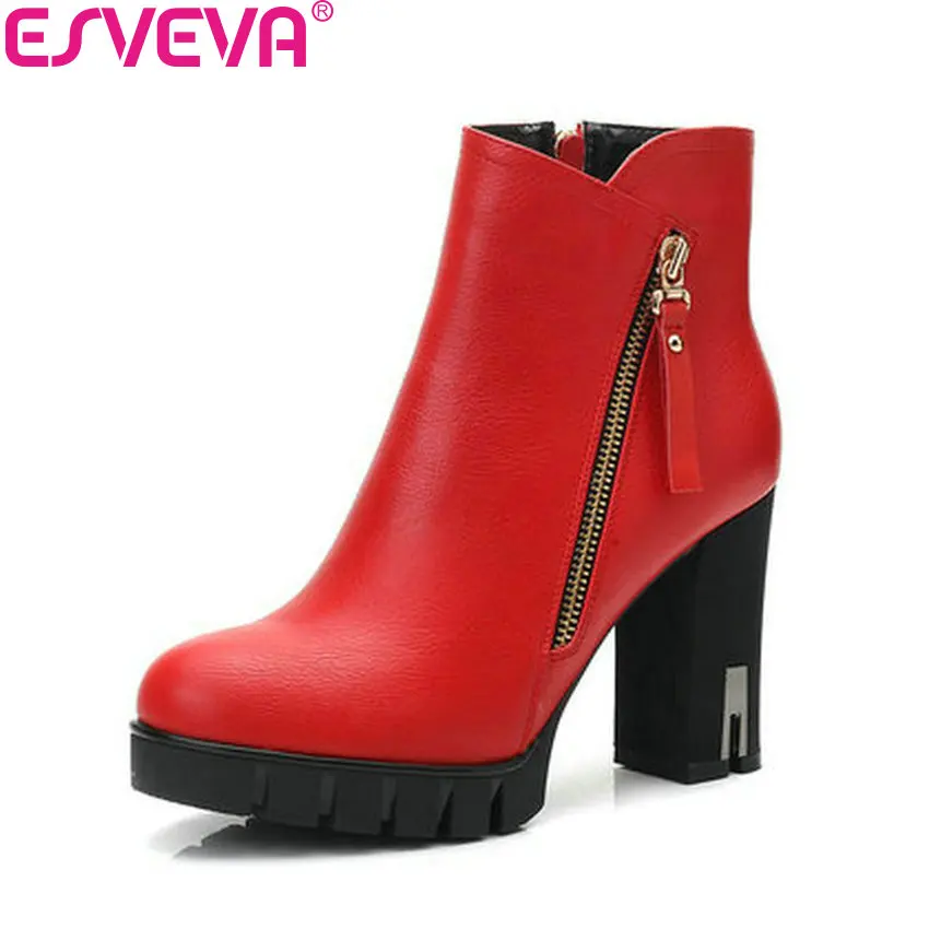 

ESVEVA 2019 Women Boots Shoes Platform Round Toe Zipper Ankle Boots Square High Heels Short Plush Winter Shoes Woman Size 34-43