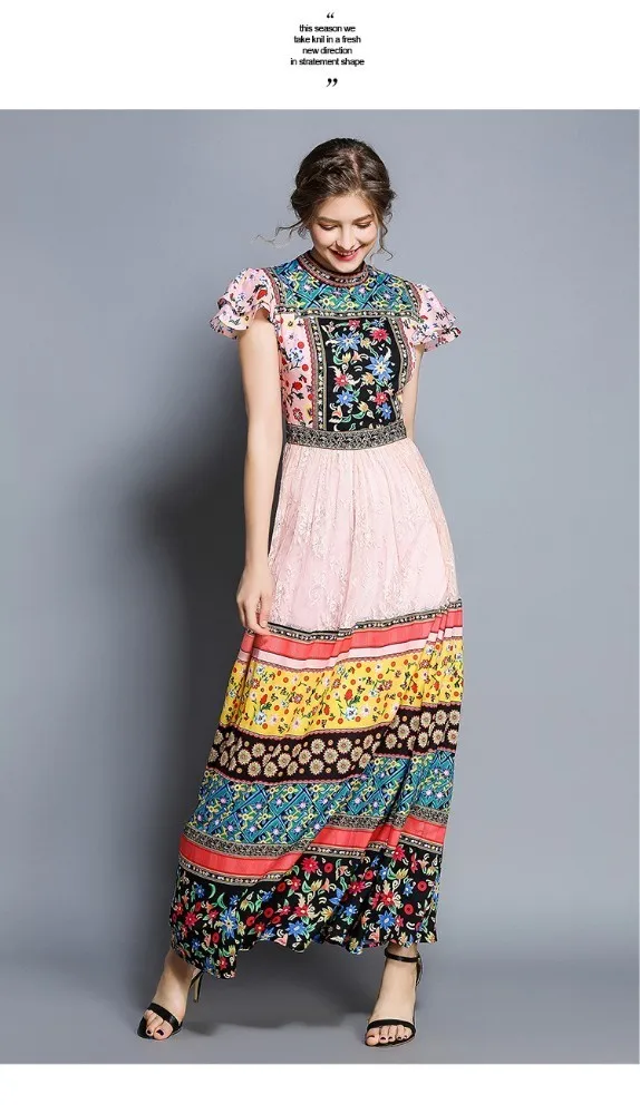 Новейшее осеннее летнее подиумное Длинное Макси женское платье шифон, кружево с отделкой стиле пэчворк с цветочным принтом с коротким рукавом тонкое платье vestidos