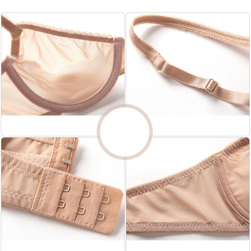 Women Mesh Bra Set Sexy Seamless Push Up Underwire Thin Cup Back Closure Underwear Bras (4)
