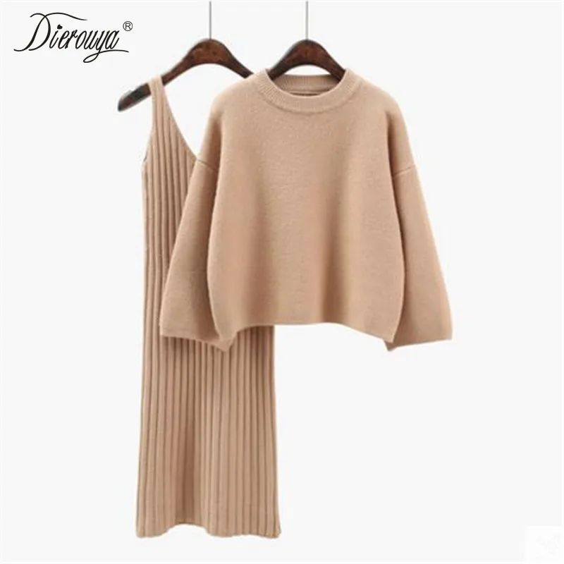 

2019 Two Piece Set Knitted Dress Winter Sweater Suit for Women Set Three Quarter Pullover Wool Sweater Elastic Cashmere Suit